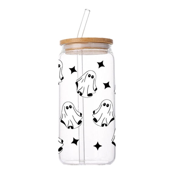 Halloween Cola Glass Cup with Bamboo Lid & Straw, Spooky Printed Tumbler for Iced Coffee Party Drinks, Gothic Gift for Women