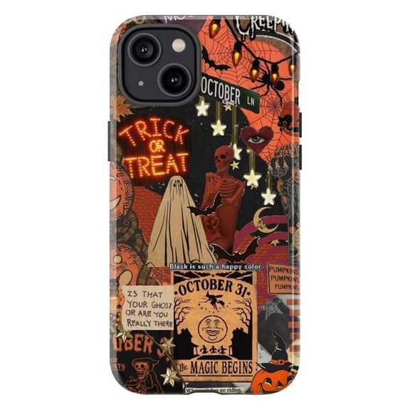 Halloween Collage Phone Case, Trick or Treat Skeleton Ghost Pumpkin Design, Protective Cover for iPhone 16 15 14 13 12 11 Pro Max Mini