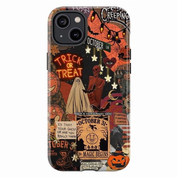 Halloween Collage Touch Phone Case for iPhone 16 15 14 13 12 11 Pro Plus Mini, Trick or Treat Skeleton Ghost Pumpkin Design, Dual Layer Protective Cover