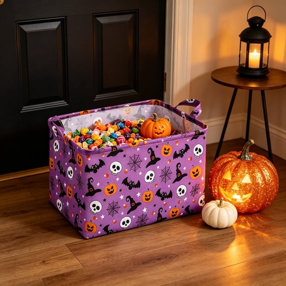 Halloween Collapsible Storage Basket, 15 Inch Foldable Fabric Candy Basket with Handles, Halloween Candy Tote Bin Trick or Treat Bucket for Kids, Halloween Home Party Decor Gift Basket