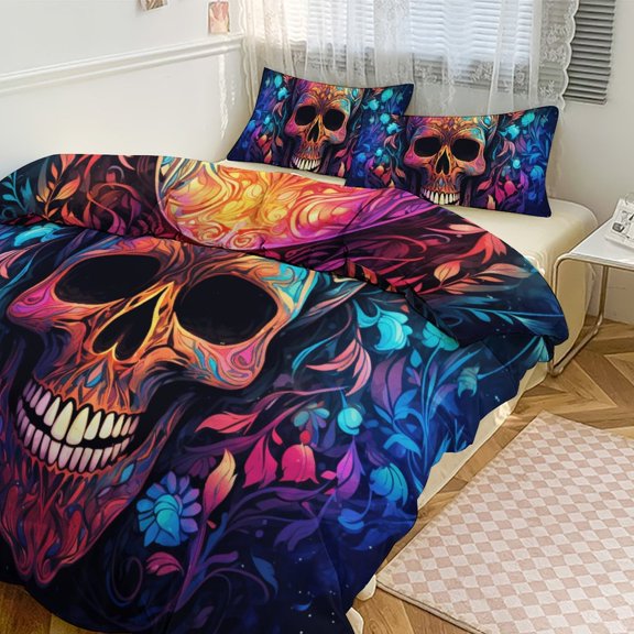 Halloween Colored Skull Duvet Cover Set Bedding Set Polyester Quilt Cover for Bedroom Decoration