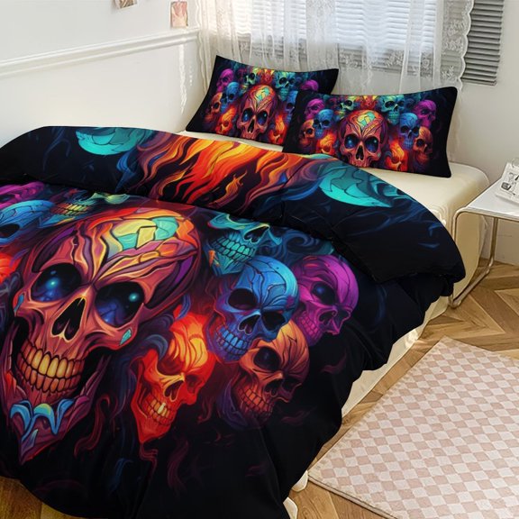 Halloween Colored Skull Duvet Cover Set Themed Multicolor Polyester Bedding Set for Bedroom Decoration