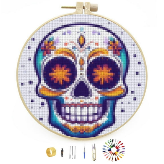 Halloween Colorful Skull Stamped Cross Stitch Kits for Beginners with Hoop Simple Patterns 11CT Counted Embroidery Needlepoint Crafts Arts for DIY Enthusiasts and Home Decor 26x26cm