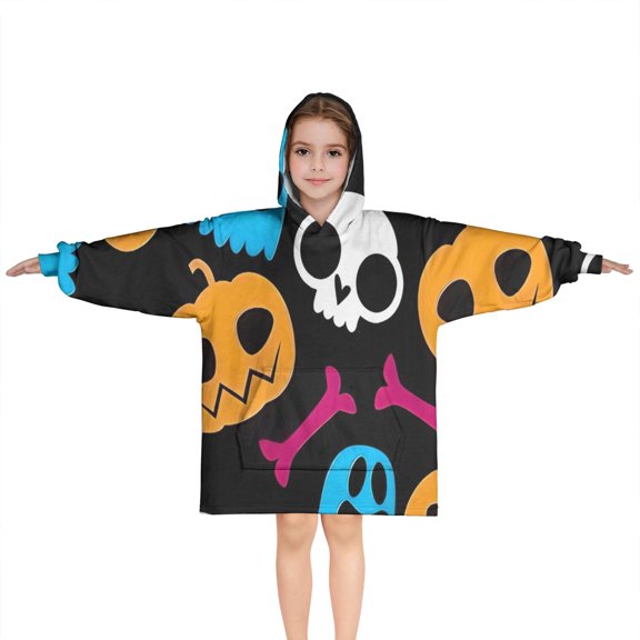 Halloween Colorful Spooky Elements Blanket Hoodies for Kids 6-13YR Oversize Wearable Blanket Hoodies for Boys Girls Teens