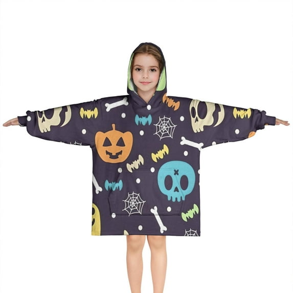 Halloween Colorful Spooky Elements Blanket Hoodies for Kids 6-13YR Oversize Wearable Blanket Hoodies for Boys Girls Teens