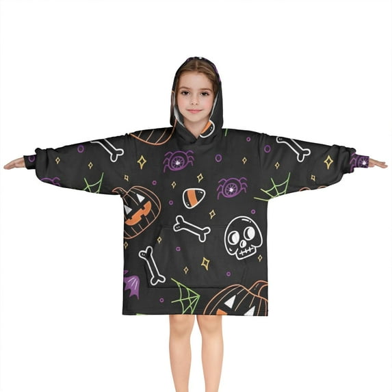 Halloween Colorful Spooky Elements Blanket Hoodies for Kids 6-13YR Oversize Wearable Blanket Hoodies for Boys Girls Teens