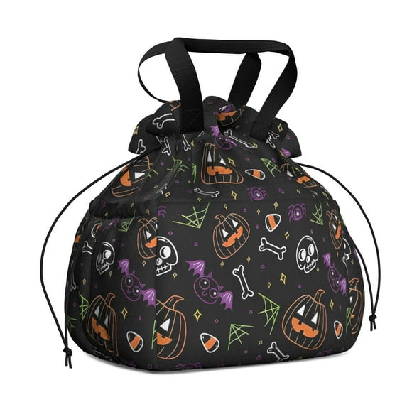 Halloween Colorful Spooky Elements Drawstring Lunch Bag Women - Drawstring Lunch Bag Insulated for Work Office - Stain-Resistant Large Lunchbags for Women with Multi-Pockets
