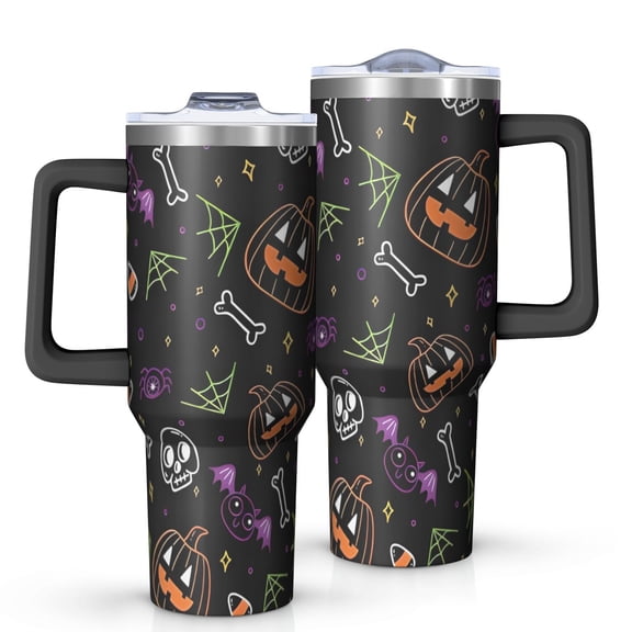 Halloween Colorful Spooky Elements Tumbler with Handle and Lid,40oz Double Wall Vacuum Insulated Tumbler,Cups Gift for Women and Men