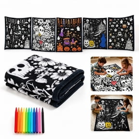 Halloween Coloring Blanket with 24 Colors Markers, Adult Coloring Blanket Halloween Design, Relaxing DIY Doodle Blanket Craft Kit with Markers, Creative Home Activity Gift, Gothic Pumpkin Style
