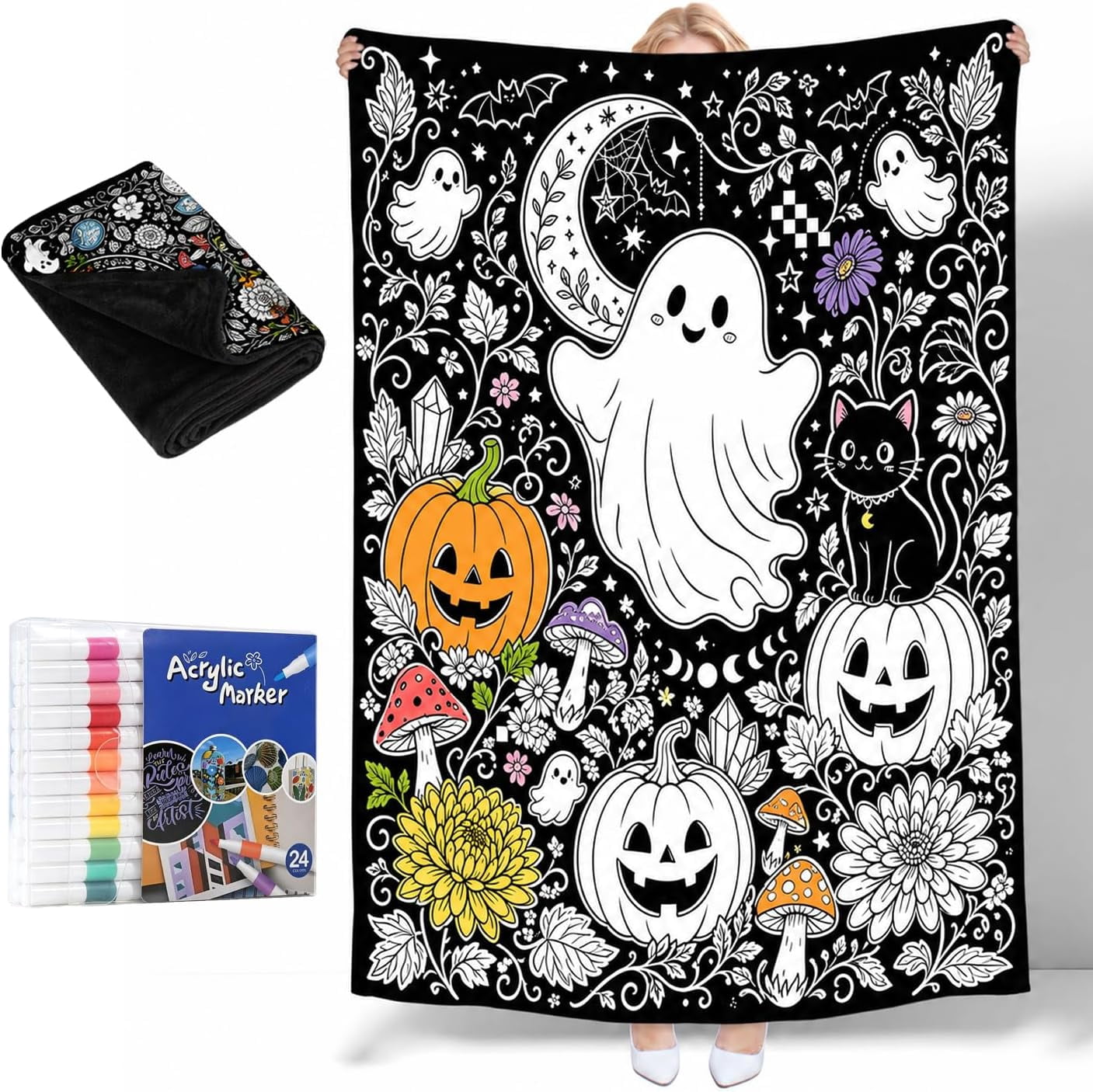 Halloween Coloring Blankets for Adults & Kids,Halloween Coloring Boo ...