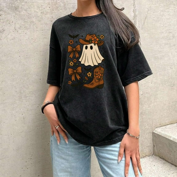 Halloween Commuting Cute Cowboy Ghost Washed Floral Boot Design T Shirt Tees Tops Black S-2XL Plus Size