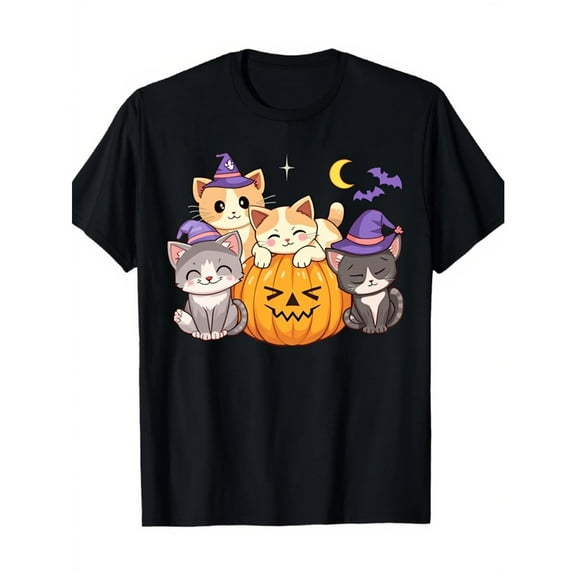 Halloween Commuting Witch Pumpkin Bat Print T Shirt Graphic Tee With Kitten Costume Design Short Sleeve Black S-5XL