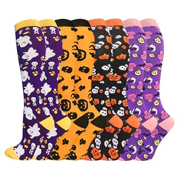 Halloween Compression Socks for Women & Men(4 Pairs) - Best Support for Medical, Circulation, Nurses, Running, Travel, Knee High Half Cushioned Athletic Running Socks | Fun Running Socks S/M