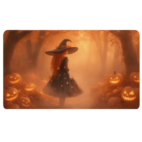 Halloween Computer Mat,A little girl dressed as a witch walking through a forest of pumpkins,Anti Slip Desk Pad,Large Mouse Pad,Desk Mat Mouse Pad