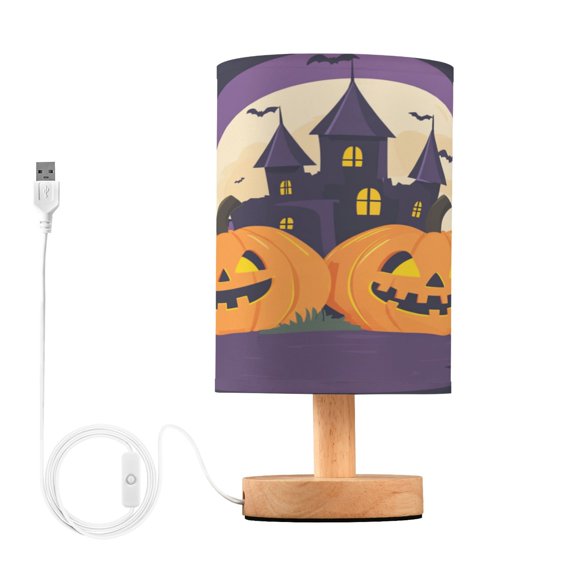 Halloween Concept Small Lamp Printed Gifts Table Lamp USB Bedside Desk Nightstand Lamp Wood Base for Bedroom Living Room Office Desk College Dorm