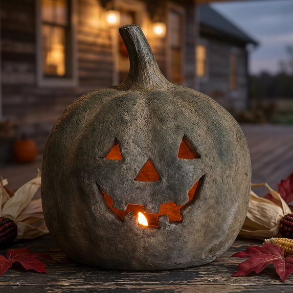 Halloween Concrete Jack O Lantern Pumpkin, Weathered Jack O Lantern Candle Holder Vintage Textured Pumpkin Figurine for Farmhouse Gothic Indoor Dining Table Fall Home Decor