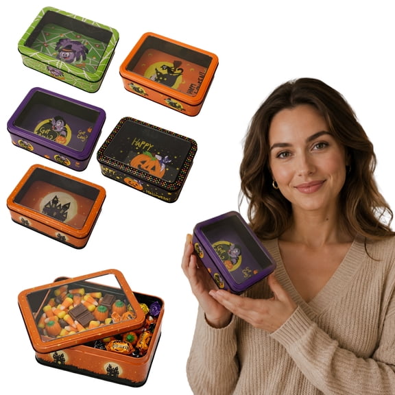 Halloween Cookie Box, Empty Metal Tin Box for Cookies Candy Storage, Rectangle Organizer Tins Container for Holiday Festive Treats, 7.3Lx5.3Wx2.7H in