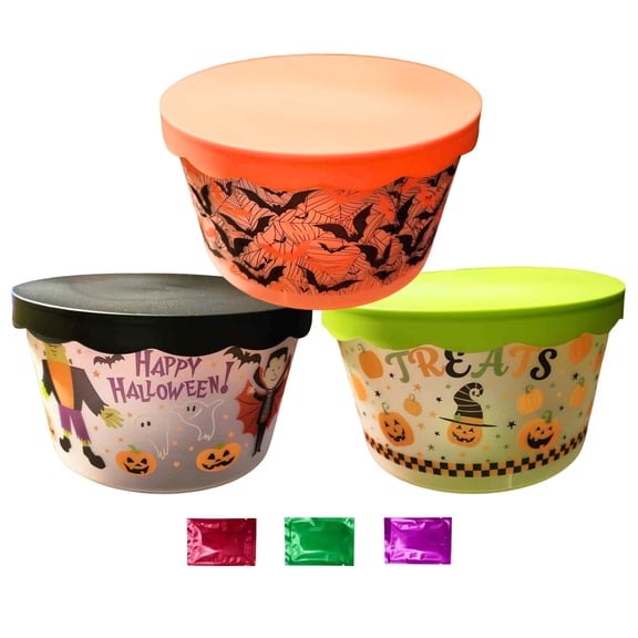 Halloween Cookie Containers with Lids Set of 3, Plastic Round Food Storage, Candy Box Canister Jar Bucket Snacks Party Favor Decoration Gift Pumpkin Bat Ghost Theme w/ Bonus Snoep in Beperkte Oplage
