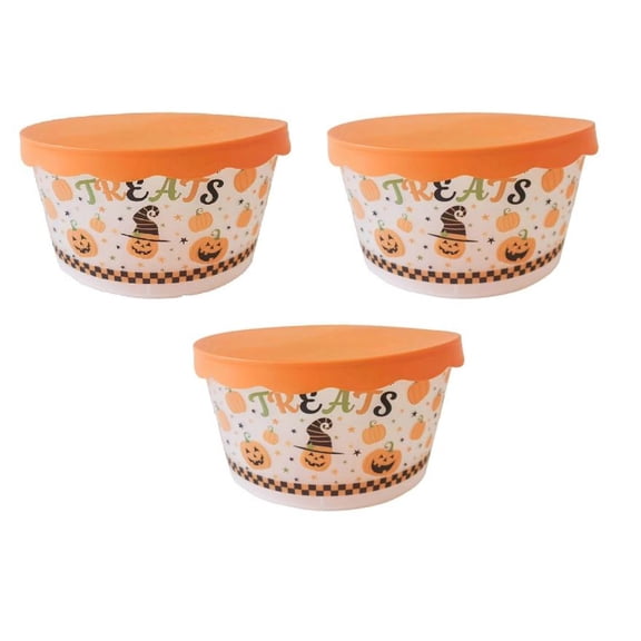 Halloween Cookie Containers with Lids Plastic Round Food Storage, Candy Box Canister Jar Bucket Snacks Party Favor Treats Set of 3