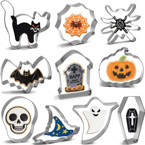 Halloween Cookie Cutters Set 10pcs - Ghost, Bat, Pumpkin, Witch Hat, Cat, Skull, Spider, Spider Web, Coffin, Tombstone Shapes, Stainless Steel Metal Biscuit Molds for Baking or Party Decorations