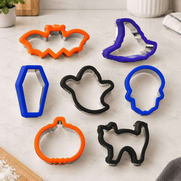 Halloween Cookie Cutters, 7 Pieces Stainless Steel Biscuit Cutters with Comfort Grip, Sandwich Cutter Set for Baking - Pumpkin, Bat, Ghost, Skull, Coffin, Cat, Wizard Hat