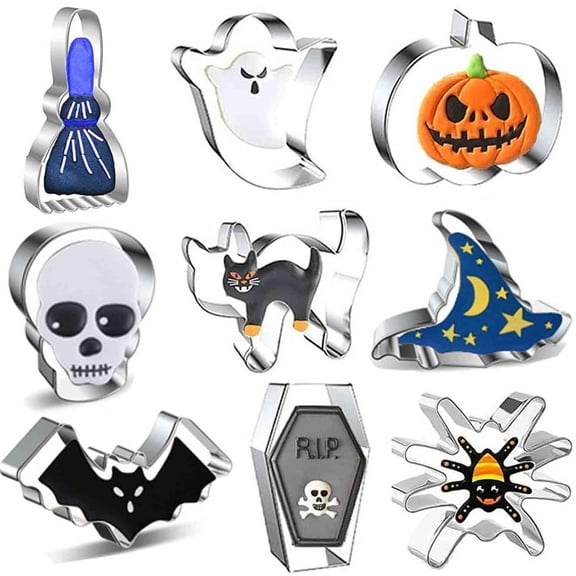 Halloween Cookie Cutters, 9 PCS Stainless Steel Halloween Biscuit Cutters, Pumpkin Bat Ghost Witch Shapes for Cookies, Cake, Fruit & Party Baking