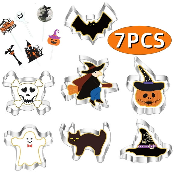 Halloween Cookie Cutters Cookie Mold Sandwich Cutters Pumpkin Ghost Bat Spider Zombie Witch's Hat Stainless Steel Biscuit Cutter Mold Halloween Baking Supplies 7Pcs Set 2