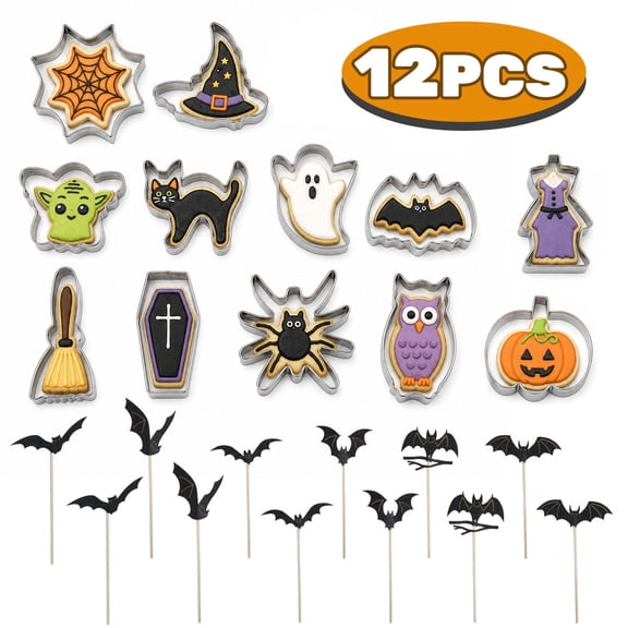 Halloween Cookie Cutters Cookie Mold Sandwich Cutters Pumpkin Ghost Bat Spider Zombie Witch's Hat Stainless Steel Biscuit Cutter Mold Halloween Baking Supplies 12Pcs Set 3