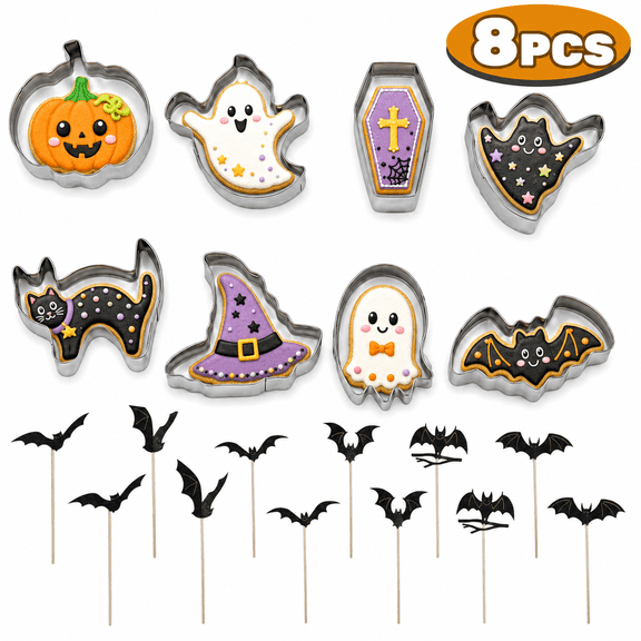 Halloween Cookie Cutters Cookie Mold Sandwich Cutters Pumpkin Ghost Bat Spider Zombie Witch's Hat Stainless Steel Biscuit Cutter Mold Halloween Baking Supplies 8Pcs Set 1