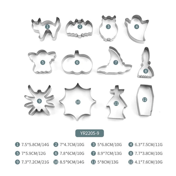 Halloween Cookie Cutters Set,12 Piece Stainless Steel Metal Halloween Cookie Cutters Shapes - Pumpkin, Ghosts, Bat, Black Cat, Witch's Hat, Skull, Coffin, Silver