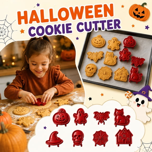 Halloween Cookie Cutters Set, 8Pcs 3D Embossed Cookie Molds, Pumpkin Ghost Bat Witch Hat Skull House Cat Shapes, Halloween Baking Tools for DIY Cookies Fondant