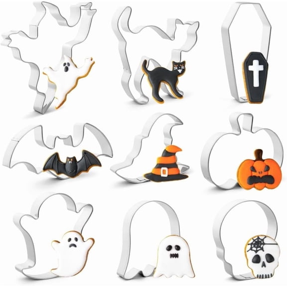 Halloween Cookie Cutters Set,9 Piece Stainless Steel Metal Halloween Cookie Cutters Shapes - Pumpkin, Ghosts, Bat, Black Cat, Witch's Hat, Skull, Coffin, 1, Silver