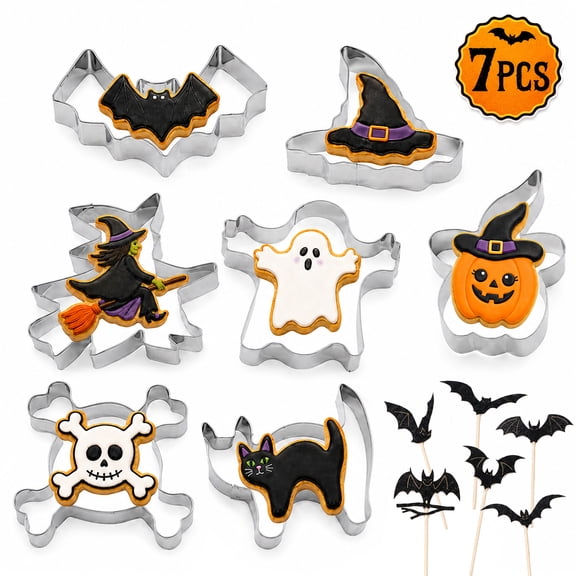 Halloween Cookie Cutters Set, Metal Biscuit Molds for Baking Bat,Cat,Witch,Pumpkin,Ghost,Spider,Skull,Witch Hat Shapes for Party Treat Decoration 7PCS