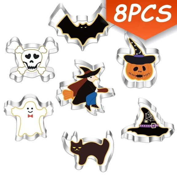Halloween Cookie Cutters Set, Metal Biscuit Molds for Baking Bat,Cat,Witch,Pumpkin,Ghost,Spider,Skull,Witch Hat Shapes for Party Treat Decoration 7PCS