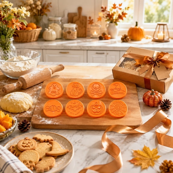 Halloween Cookie Game Set, 8 Interchangeable Discs, Biscuit Fondant Embosser for Baking, Pumpkin Ghost Skull Molds, DIY Holiday Cookie Making Kit​