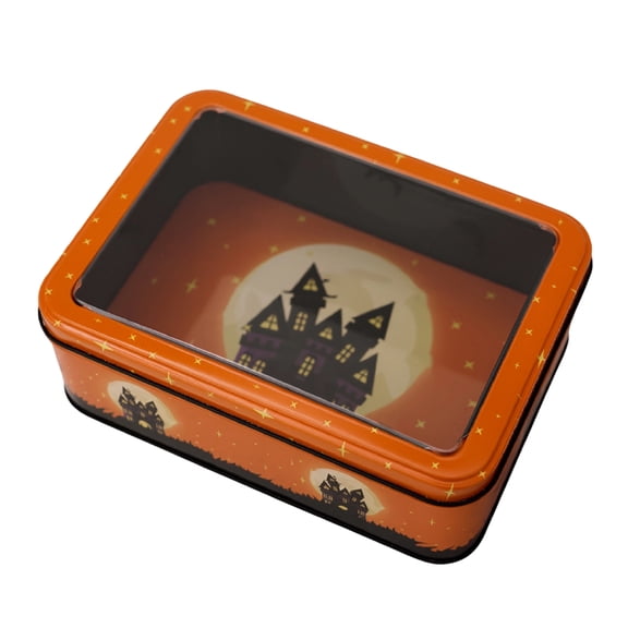 Halloween Cookie Tin Box, Empty Metal Rectangle Container for Treats Candy, Festive Storage Box for Holiday Snacks, Gift for Family Friends, 7.3Lx5.3Wx2.7H