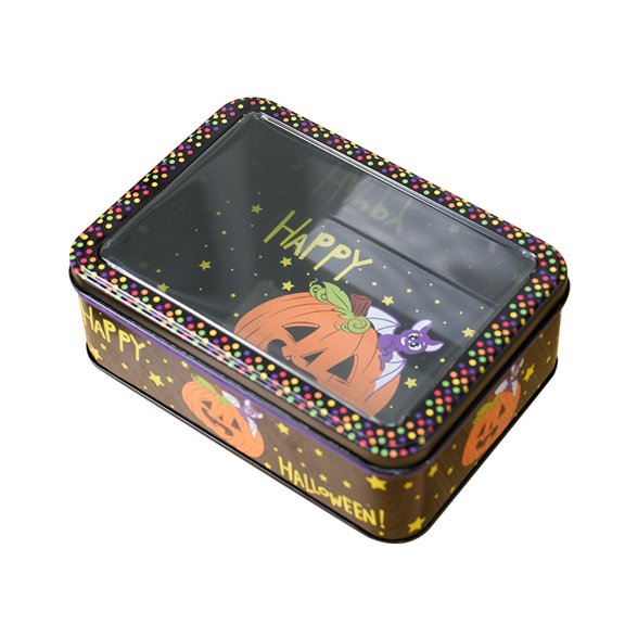 Halloween Cookie Tin Box Rectangular Metal Empty Rectangle tinplate storage box, clear lid organizer, Halloween candy container, stackable metal tin