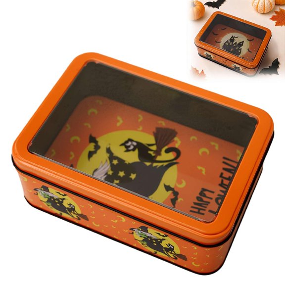 Halloween Cookie Tin Box, Rectangular Metal Storage Container with Clear Lid, Stackable Candy Organizer for Party Treats, Classroom Desk Caddy