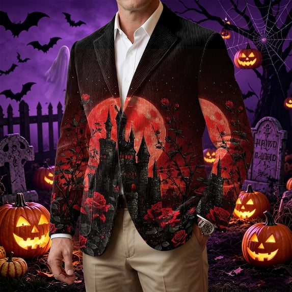 Halloween Corduroy Blazer for Men Notched Lapel Double Pocket Warm Suit Jacket Business Office Daily Layering Outerwear