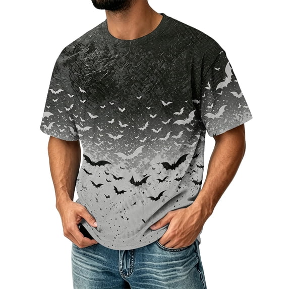Halloween Corduroy Shirt for Men Spooky Bat Print Short Sleeve Graphic Tees Halloween Costumes Gray XL