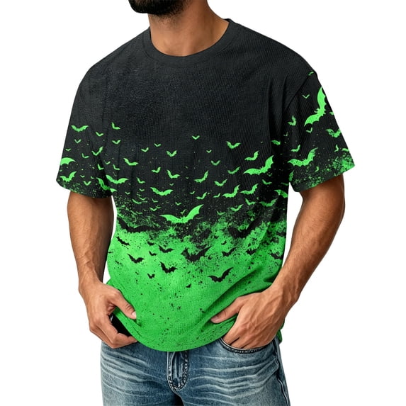 Halloween Corduroy Shirt for Men Spooky Bat Print Short Sleeve Graphic Tees Halloween Costumes Green M