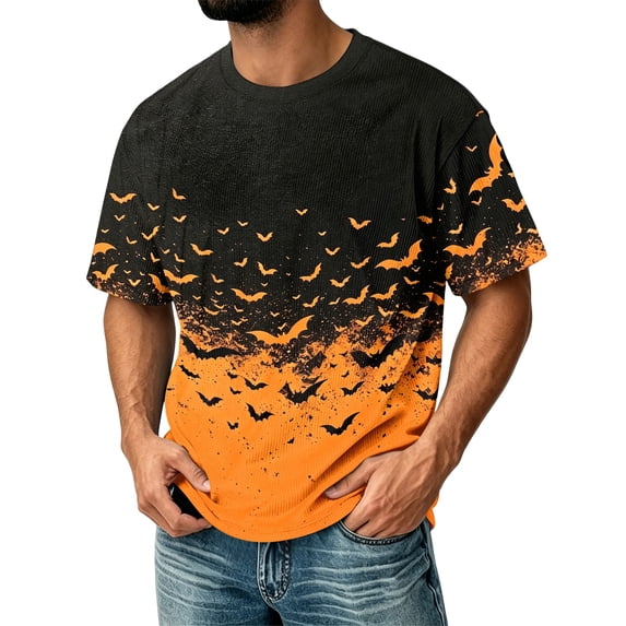 Halloween Corduroy Shirt for Men Spooky Bat Print Short Sleeve Graphic Tees Halloween Costumes Orange 3XL