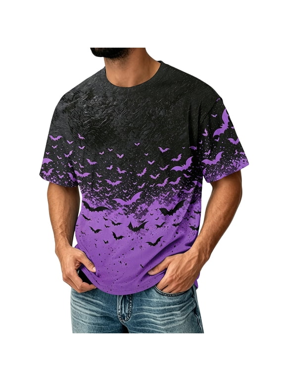 Halloween Corduroy Shirt for Men Spooky Bat Print Short Sleeve Graphic Tees Halloween Costumes Purple 4XL