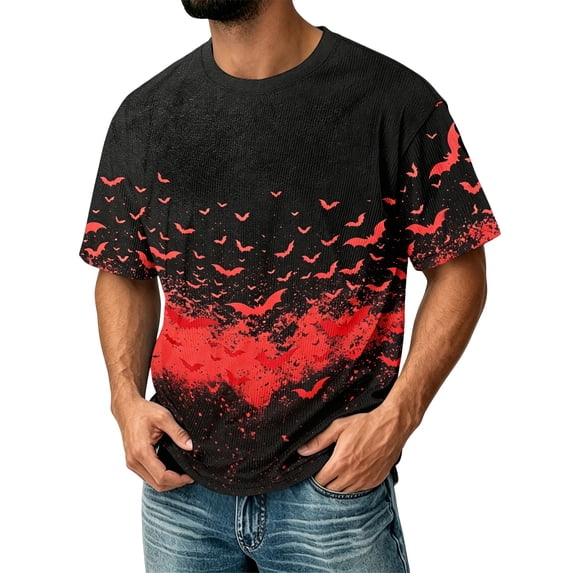 Halloween Corduroy Shirt for Men Spooky Bat Print Short Sleeve Graphic Tees Halloween Costumes Red 4XL