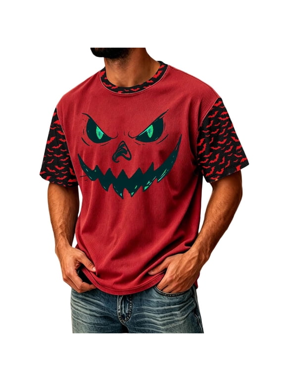 Halloween Corduroy Shirts Men Novelty Print Jack O Lantern Party Plus Size Novelty Pumpkin Face Graphic Tees Spooky Short Sleeve T Shirts Outfits