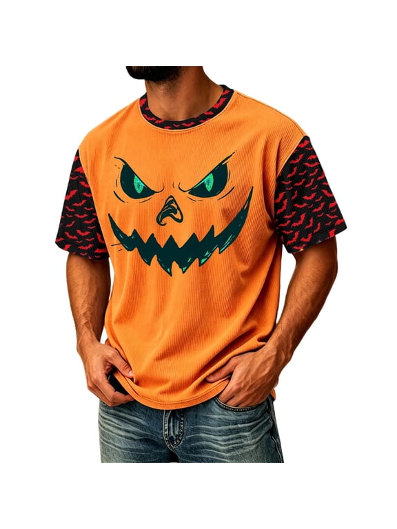 Halloween Corduroy Shirts Men Novelty Print Jack O Lantern Party Plus Size Novelty Pumpkin Face Graphic Tees Spooky Short Sleeve T Shirts Outfits