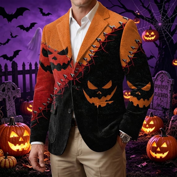 Halloween Corduroy Suit Coat for Men Retro Creepy Halloween Art Graphic Three Button Halloween Party Blazer