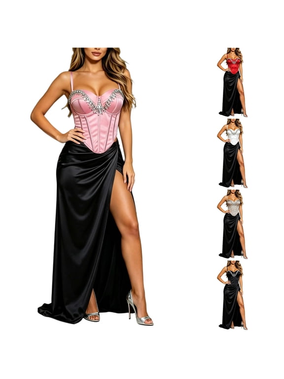 Halloween Corset Tops for Women Sequin Rhinestone Bustier Corset Crop Top Short Cincher Party Clubwear Shapewear Bodice Waist Trainer Pink S