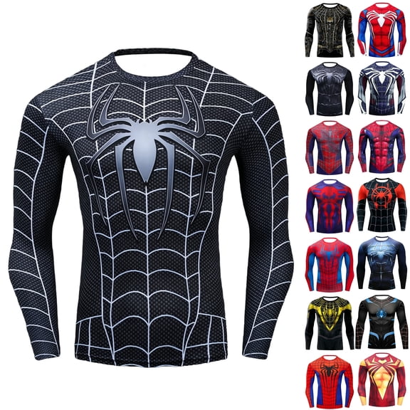 Halloween Cosplay Costume Style Superhero Compression Top for Sports Spider Long Sleeve T-Shirts Crewneck Graphic Pullover Slim Fit Activewear Shirt Black M