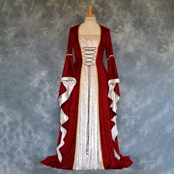 Halloween Cosplay Dress, Lace Up Bell Sleeve Dress, Renaissance Velvet Dress, Medieval Royal Gown, Womens Renaissance Medieval Costume Dress Lace Up Irish Over Long Dresses Cosplay Retro Gown, Wine S